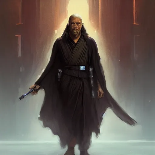 Prompt: portrait of a man by greg rutkowski, old jedi master, black, he looks like laurence fishbourne, star wars expanded universe, he is about 6 0 years old, wearing jedi robes, highly detailed portrait, digital painting, artstation, concept art, smooth, sharp foccus ilustration, artstation hq