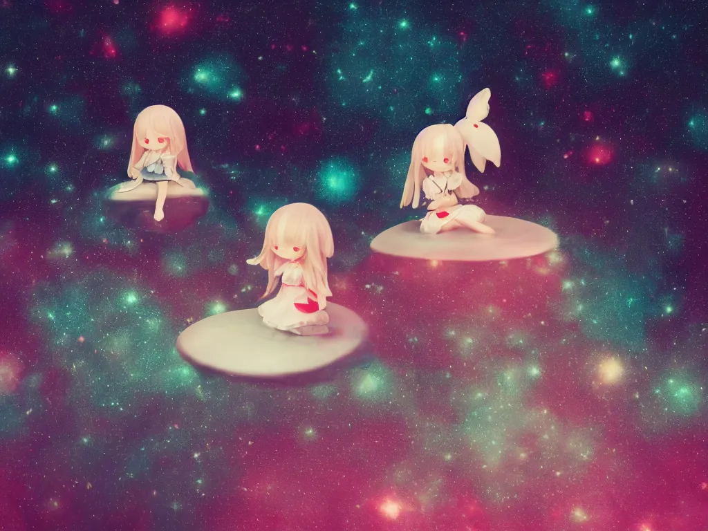 Image similar to cute fumo plush girl sitting on a small island floating in the dark galactic abyss, vignette, bokeh, vray