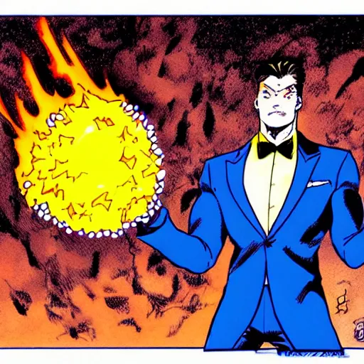 Image similar to a man in a blue suit standing in front of a fire ball, a comic book panel by jim lee, featured on deviantart, rayonism, dc comics, apocalypse art, parallax