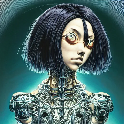 Image similar to portrait of crazy alita, symmetrical, by yoichi hatakenaka, masamune shirow, josan gonzales and dan mumford, ayami kojima, takato yamamoto, barclay shaw, karol bak, yukito kishiro