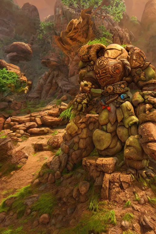 Image similar to zelda fantasy art giant golem troll wood rock greeble gemstone, global illumination ray tracing hdr fanart arstation by sung choi and eric pfeiffer and gabriel garza and casper konefal