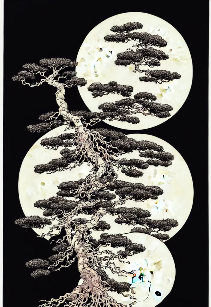 Prompt: prompt: white Bonsai tree roots holding and merging into big moon drawn by Takato Yamamoto, Japanese woodblock print style, white moon and black background, clean ink detailed line drawing, intricate detail, manga 1990