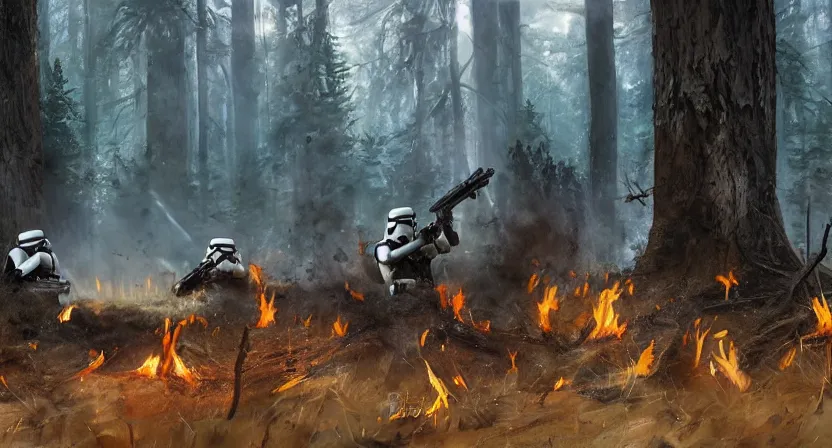 Image similar to imperial stormtroopers shooting red blaster bolts in barren lifeless forest with burned trees concept art by Doug Chiang cinematic, realistic painting, high definition,very detailed, extremely high detail, photo realistic, concept art, unreal engine 5, the Mandalorian concept art style