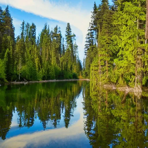 Image similar to A very long river flowing into a lake of pure gold, hidden in the middle of a dense forest of tall trees, with lots of light clouds in the bright blue sky, in the late afternoon.