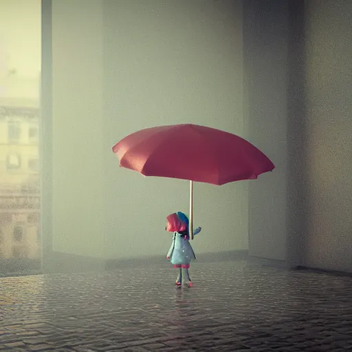 Prompt: cute fumo plush of a girl with an umbrella, heavy rain, weather vfx, vray