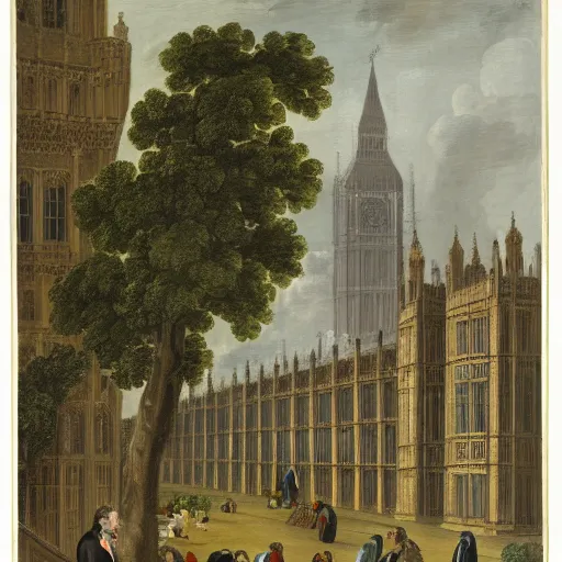 Prompt: Houses of Parliament with tropical plants, painted by William Hogarth