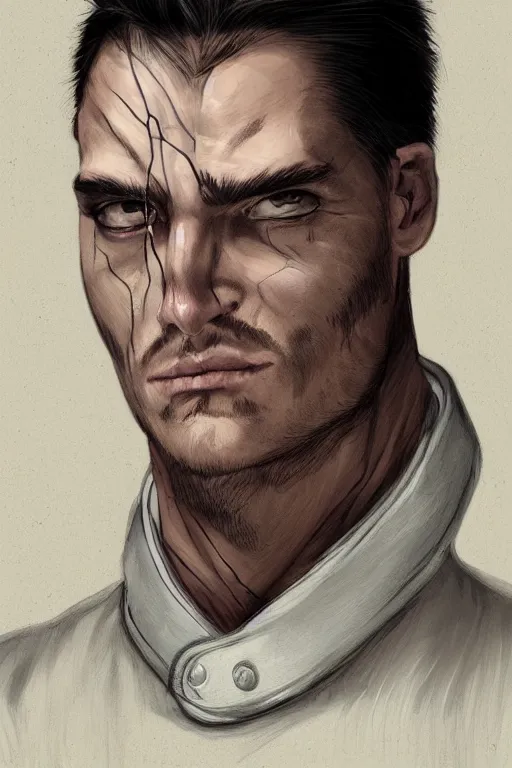 Prompt: digital portrait of a man wearing a straitjacket rafa sandoval and shawn coss, centered, deviantart, artgerm