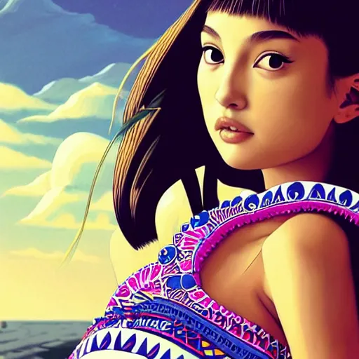 Image similar to a beautiful young japanese natalie portman alluring gravure model, wearing elaborate designer tank top, tank top with mesoamerican patterns, by akira toriyama and wlop and ilya kuvshinov and artgerm and, aesthetic, gorgeous, stunning, alluring, attractive, artstation, deviantart, pinterest, digital art