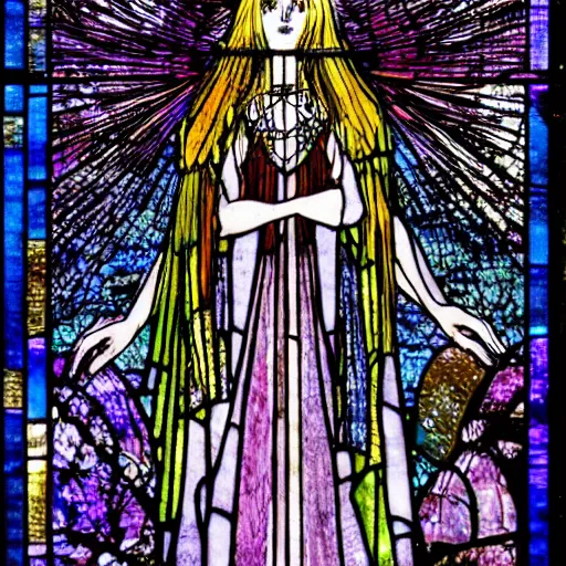 Prompt: madoka magica, artwork by Harry Clarke, stained glass