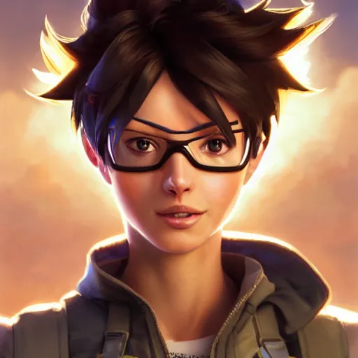 Image similar to highly detailed extreme closeup portrait of tracer from overwatch, in disney, stephen bliss, unreal engine, art by greg rutkowski, loish, rhads, ferdinand knab, makoto shinkai and lois van baarle, ilya kuvshinov, rossdraws, tom bagshaw, global illumination, radiant light, detailed and intricate environment