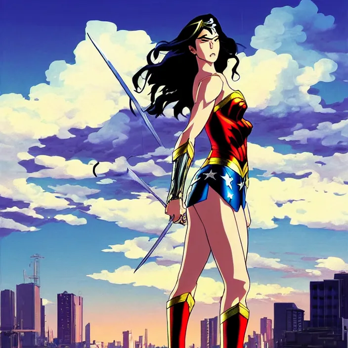 Image similar to painting of bloodlines wonder woman with urban japanese city in the background in the style of cowboy bebop, calm, fantasy character portrait, dynamic pose, above view, sunny day, thunder clouds in the sky, artwork by makoto shinkai, very coherent asymmetrical artwork, sharp edges, perfect face, simple form, 1 0 0 mm