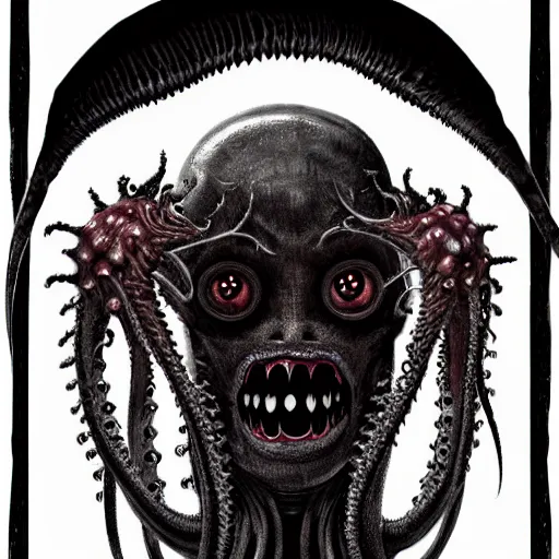 Image similar to void nightmare creature with many teeth many eyes long black body with many tentacles lashing out to grab victims, dark background, harsh lighting, scary, h. r. giger