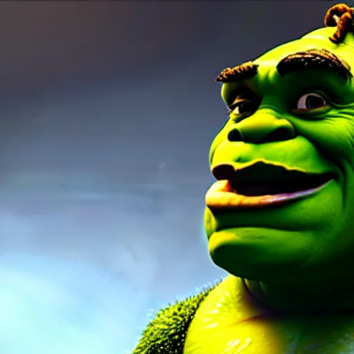 Prompt: a dramatic cinematic shot of shrek eating an onion, 8 k, ultra - realistic