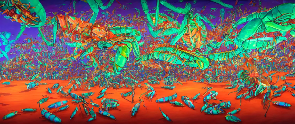 Prompt: a beautiful painting of a swarm of psychedelic mantis shrimp at a Golden Corral | graphic novel:.1 | unreal engine:.5