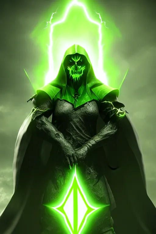 Prompt: character design, dark priest, green lightning, black halo, evil, power, green mist, scary, realistic, 3d, octane render, photorealistic, unreal engine, hellish background