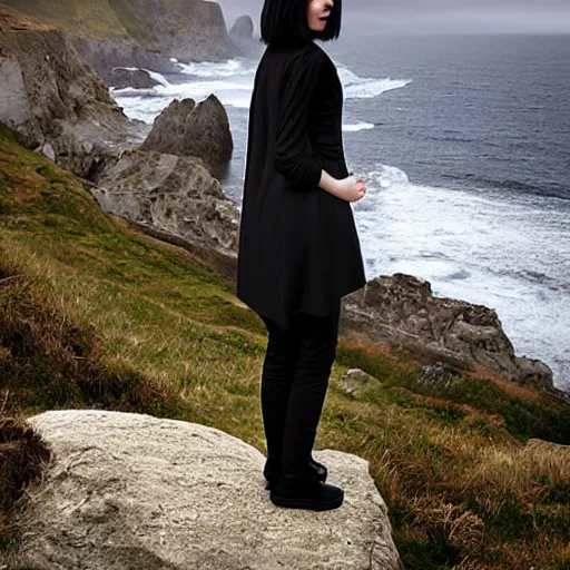 Image similar to 1 7 - year - old pale - skinned persian girl with black long bob cut, long bangs, black gothic jacket, black jeans, psychic girl, psychokinetic girl, standing on cliff along the irish coast, overcast gray skies, ultra - realistic, sharp details, subsurface scattering, intricate details, art by william - adolphe bouguereau