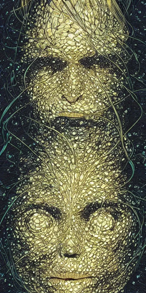 Image similar to a face made of diamonds with light shinying through it, michael kaluta, charles vess and jean moebius giraud