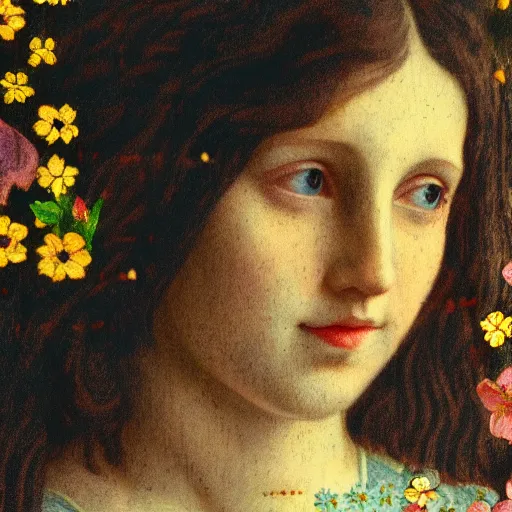 Prompt: close - up of a girl morphing in flowers, film still by wes anderson, depicted by leon battista alberti, limited color palette, very intricate, art nouveau, highly detailed, lights by hopper, soft pastel colors, minimalist