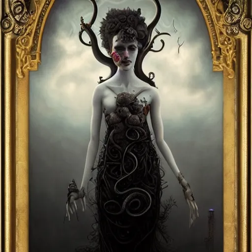 Prompt: By Tom Bagshaw, ultra realist soft painting of a curiosities carnival spikes flowers and tentacles by night, beautiful dark eyed evil porcelain doll in full long dress, symmetry accurate features, very intricate details, omnious sky, black and white, volumetric light clouds