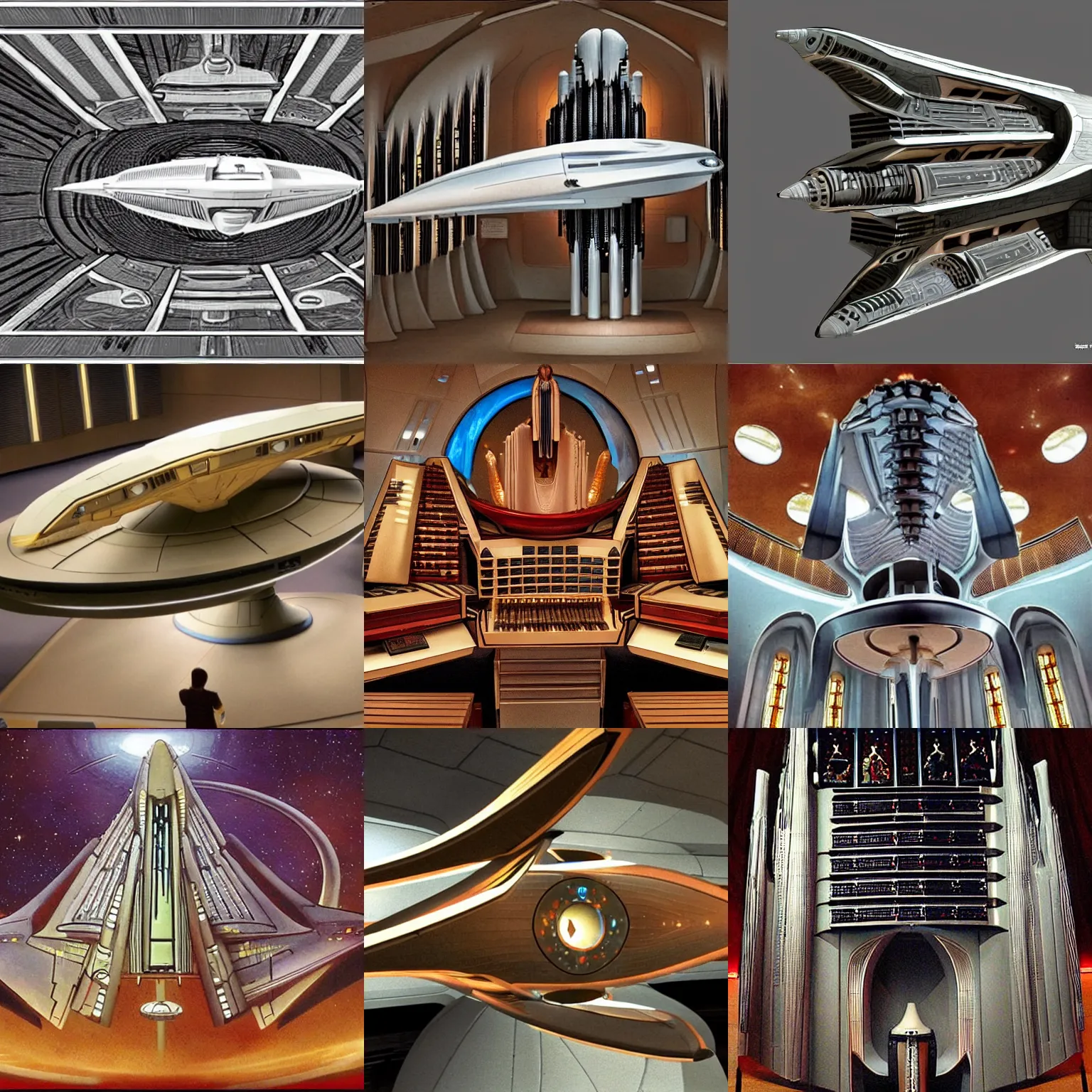 Prompt: a star trek starship shaped like a pipe organ, style of di fate and jim burns