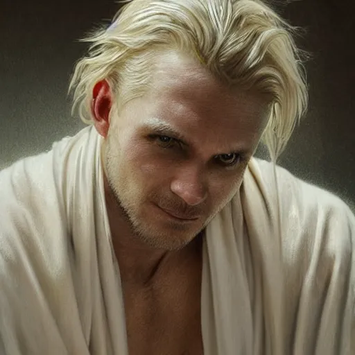 Prompt: portrait of 4 0 - year - old man with dirty blonde hair down to his waist, pale eyebrows and protuberant silver eyes, wearing a simple white robe, hyper realistic face, beautiful eyes, fantasy art, in the style of greg rutkowski, intricate, alphonse mucha, hyper detailed, smooth