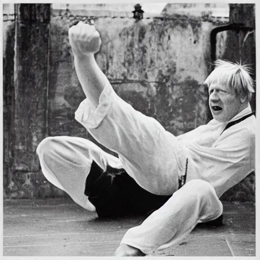 Image similar to Boris Johnson getting beaten in a fight, 60s Kung Fu film, album cover