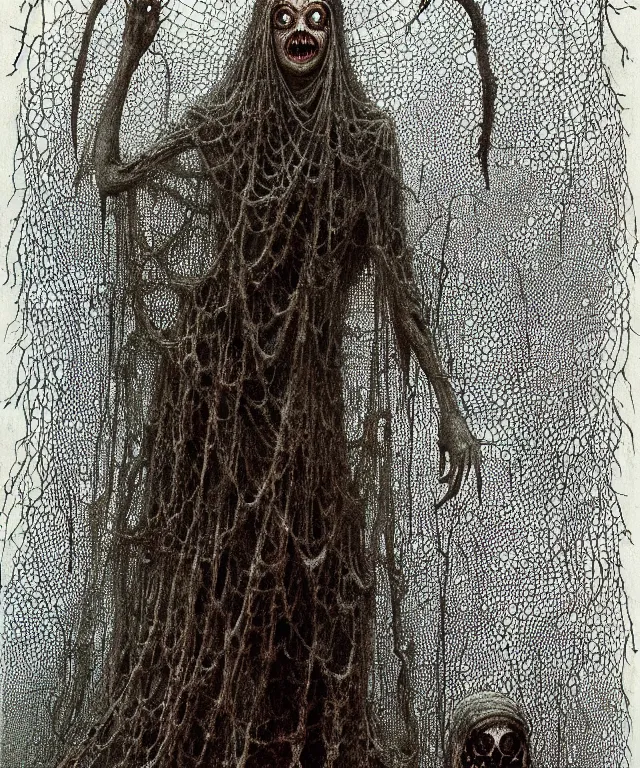 Image similar to a woman standing all covered in spiders. illustration of arachnophobia, fear of spiders, incredible number of spiders and bugs. extremely high details, realistic, horror, creepy, web, masterpiece, art by zdzislaw beksinski, arthur rackham, dariusz zawadzki