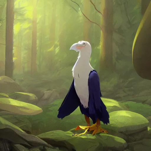 Image similar to concept art painting of an anthropomorphic albino raven wearing dark blue robes, in the deep forest, realistic, detailed, cel shaded, in the style of makoto shinkai and greg rutkowski and james gurney