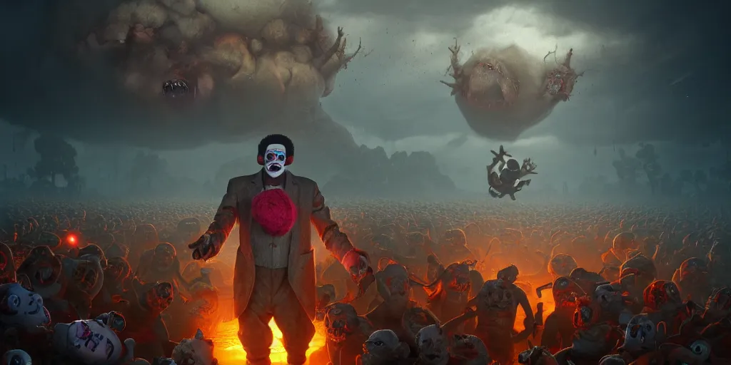 Prompt: samuel jacksons face on spongebobs body battling a horde of clown faced aliens, digital art, landscape, fantasy art, octane render, unreal engine, high detail, very realistic, by greg rutkowski. by james gurney