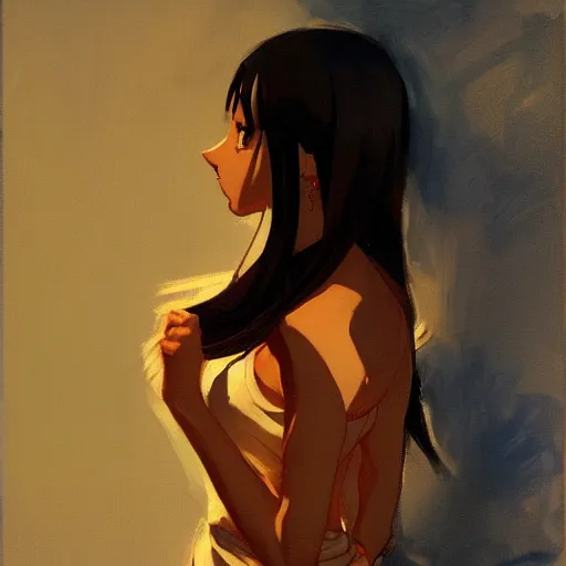 Image similar to greg manchess painting of an anime woman, direct flash photography at night, makoto shinkai