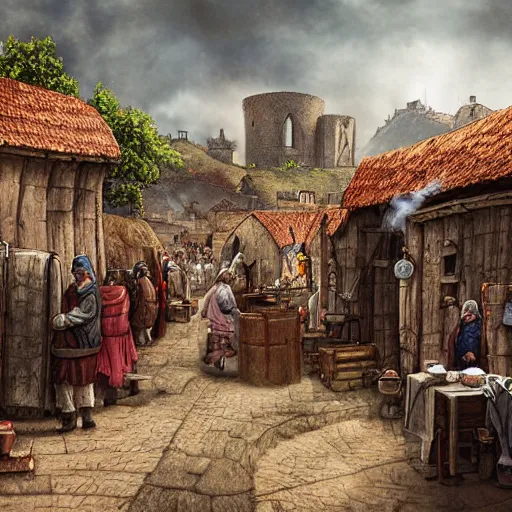 Image similar to medieval township with various workers performing different crafts, homes blacksmiths and smoked chimneys, epic, cinematic, high quality digital art, fantasy
