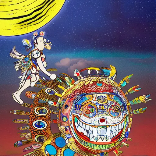 Image similar to a mayan warrior walking on water under the moon by takashi murakami, ernst haekl and james jean, aya takano color style, 4 k, super detailed