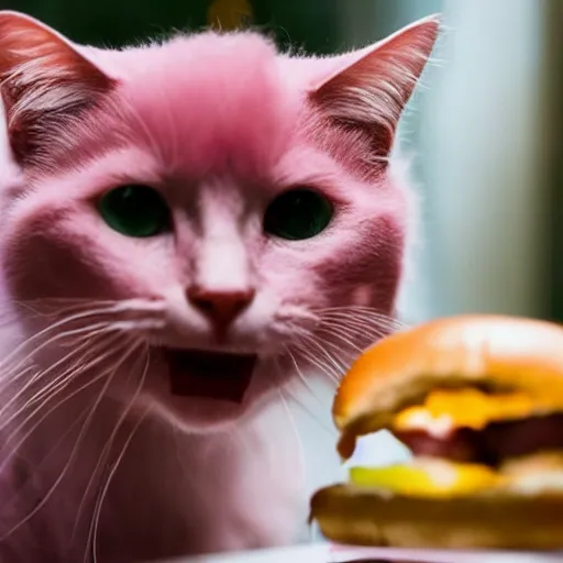 Image similar to photo of a pink cat with pink fur, eating a hamburger, biting a hamburger