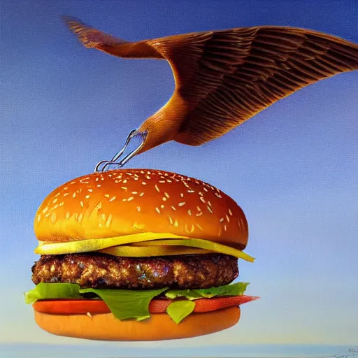 Image similar to a cheeseburger with wings, flapping its wings flying in sunset sky, oil on canvas, portrait, intricate, 8k highly professionally detailed, HDR, CGsociety