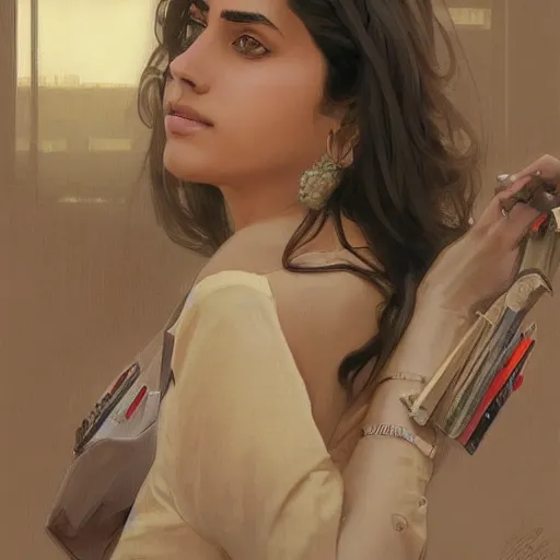 Image similar to Anxious good looking pale young Indian doctors wearing American clothes at the airport, portrait, elegant, intricate, digital painting, artstation, concept art, smooth, sharp focus, illustration, art by artgerm and greg rutkowski and alphonse mucha