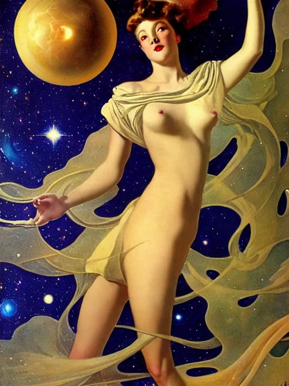 Prompt: Morpheus the god of dreams, a beautiful art nouveau portrait by Gil elvgren, colliding galaxy environment, centered composition, defined features, golden ratio, silver helmet