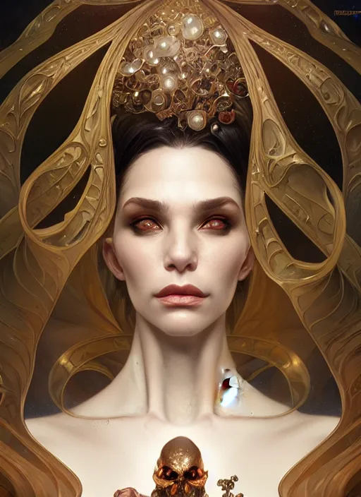 Prompt: preistess of the underworld, severe expression, crooked nose, shiny, intricate, elegant, highly detailed, ultra definition, digital painting, artstation, vray, concept art, smooth, high speed photography, illustration, art by artgerm and greg rutkowski and alphonse mucha and james jean