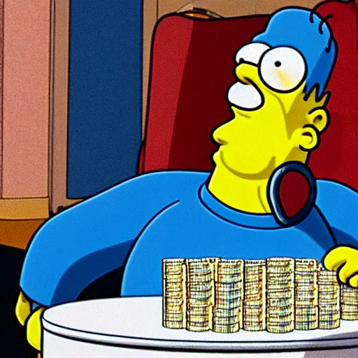 Prompt: homer simpson eating United States money, still, photograph