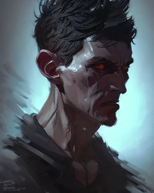 Image similar to professional concept art portrait of a diesel punk man with short black hair in a dark room by artgerm and greg rutkowski. an intricate, elegant, highly detailed digital painting, concept art, smooth, sharp focus, illustration, in the style of cam sykes, wayne barlowe, igor kieryluk.