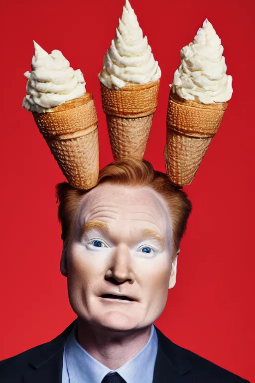 Prompt: 📷 conan o'brien the ice - cream cone 🍦, made of food, head portrait still image, dynamic lighting, 4 k