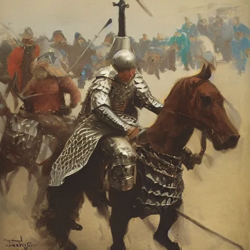 Prompt: man on horseback, wearing chainmail and gambeson, medieval joust by greg manchess, bernie fuchs, walter everett, lost edges