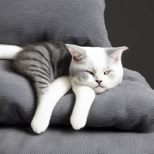 Prompt: bicolor gray and white Scottish Fold English Shorthair mix. napping cat on comforter. cozy scene. photorealism, 4k, 135mm.