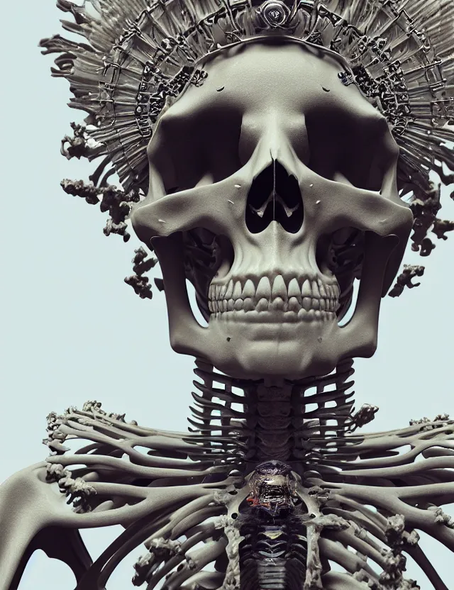 Image similar to 3 d goddess skeleton macro close - up portrait with crown made of ram skull. betta fish, jellyfish phoenix, bioluminiscent, plasma, ice, water, wind, creature, super intricate ornaments artwork by tooth wu and wlop and beeple and greg rutkowski