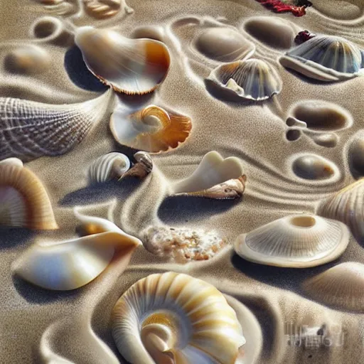 Prompt: beautiful shells on the beach, surf swirls around them, high detail by Ester Wu