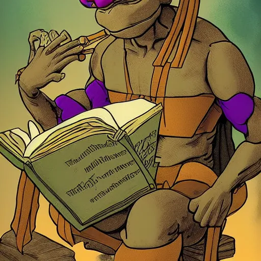 Image similar to Digital artwork of Donatello of the Teenage Mutant Ninja Turtles reading the Bible, trending on artstation