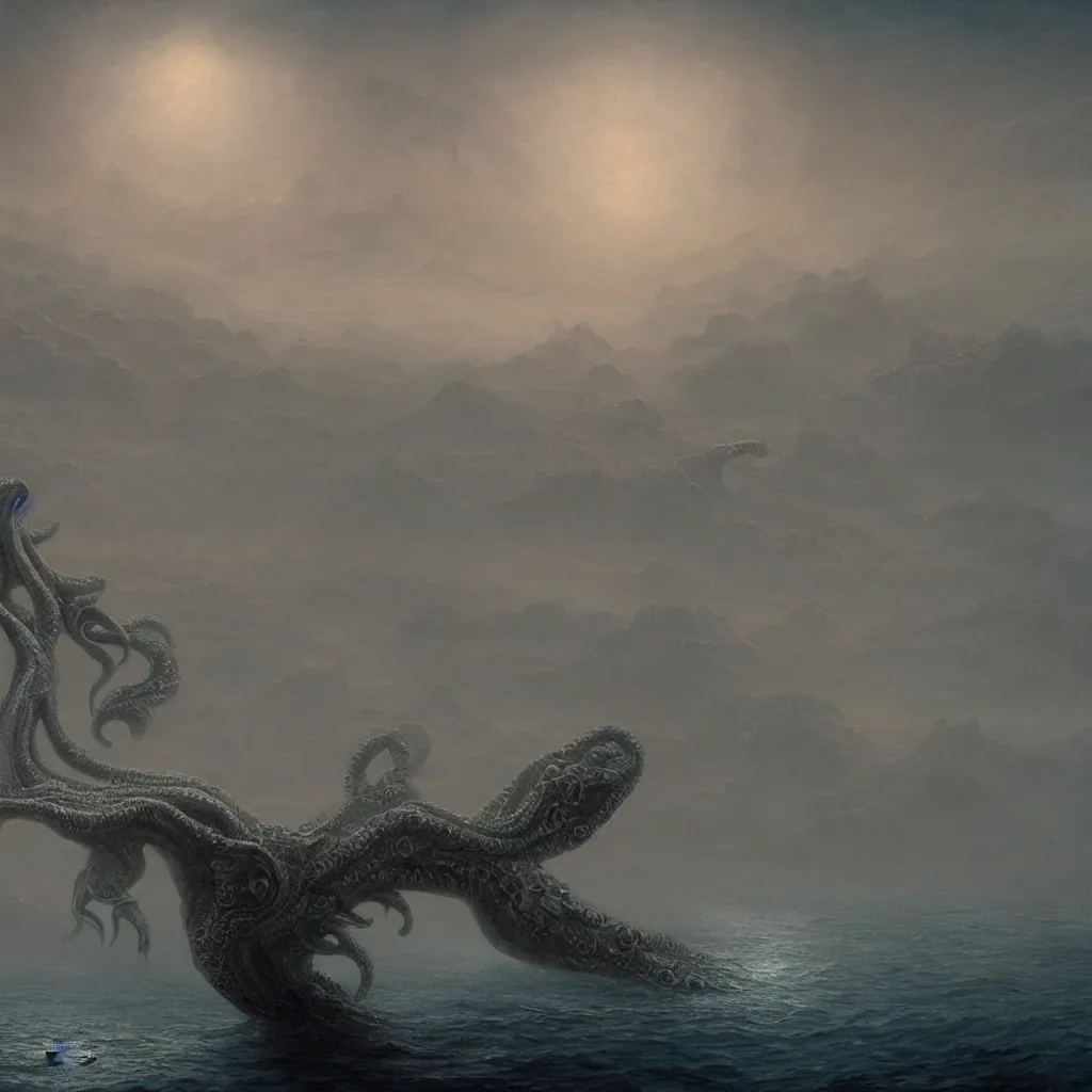 Prompt: a highly detailed 4 k fantasy matte painting of cthulhu in the ocean, zdzislaw beksinski, artstation, cgsociety, unreal engine