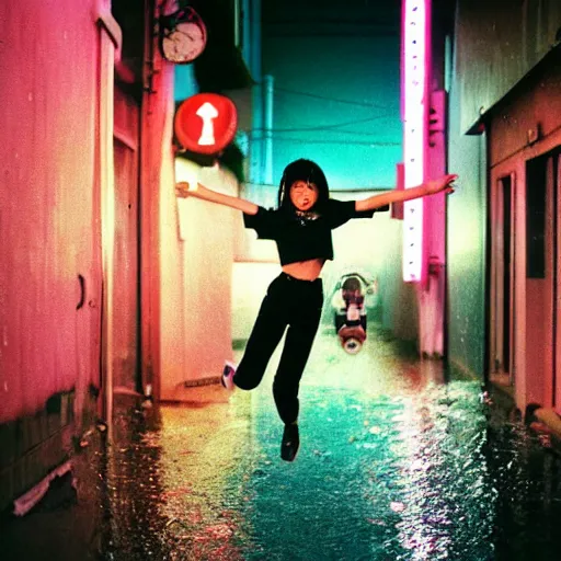 Image similar to 1990s perfect 8K HD professional cinematic photo of close-up japanese schoolgirl jumping in dystopian alleyway with neon signs, at evening during rain, at instagram, Behance, Adobe Lightroom, with instagram filters, depth of field, taken with polaroid kodak portra