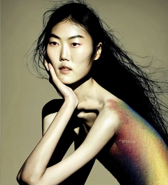 Image similar to photography american portrait of liu wen, natural background, sensual lighting, natural fragile pose, wearing stunning dress by iris van herpen, with a colorfull makeup. highly detailed, skin grain detail, photography by paolo roversi, nick knight, helmut newton, avedon, araki