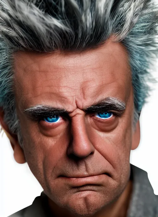 Image similar to rick sanchez closeup photograph dslr photorealistic, studio lighting, ektachrome, detailed, intricate, face detail