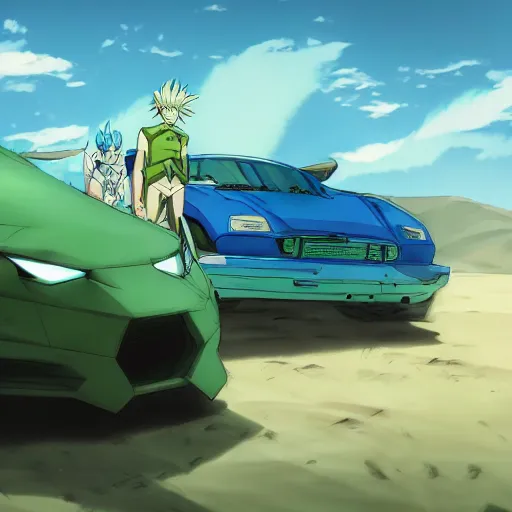 Image similar to blue knight vs dragon, green car in desert, makoto shinkai, dbz, 4 k, artstation